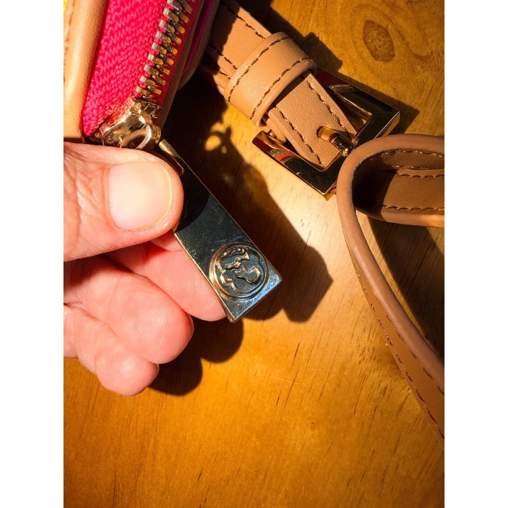 Spartina 449 Paisley Linen Leather Crossbody Wallet Bag Pink Tan Gold‎ Logo